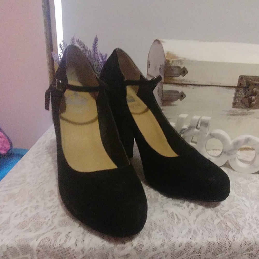 Black faux suede mary janes